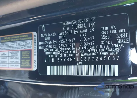 2023 Kia Sorento Lx из США, поврежденный, VIN 5XYRG4LC3PG245637